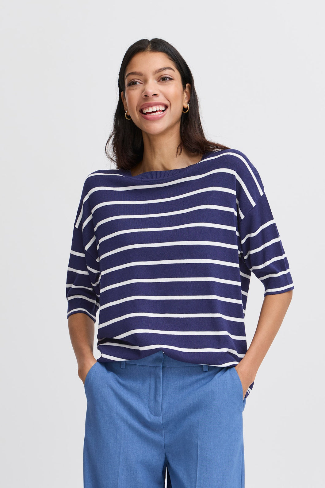 BYoung - Tshirt righe in filato di viscosa - Blu